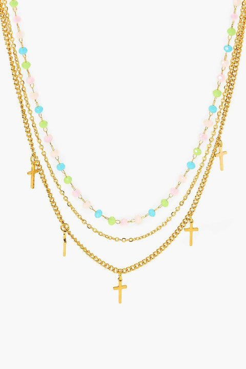 18K Gold Plated Cross Pendant Triple-Layered Necklace - Lord of LordsJewelry